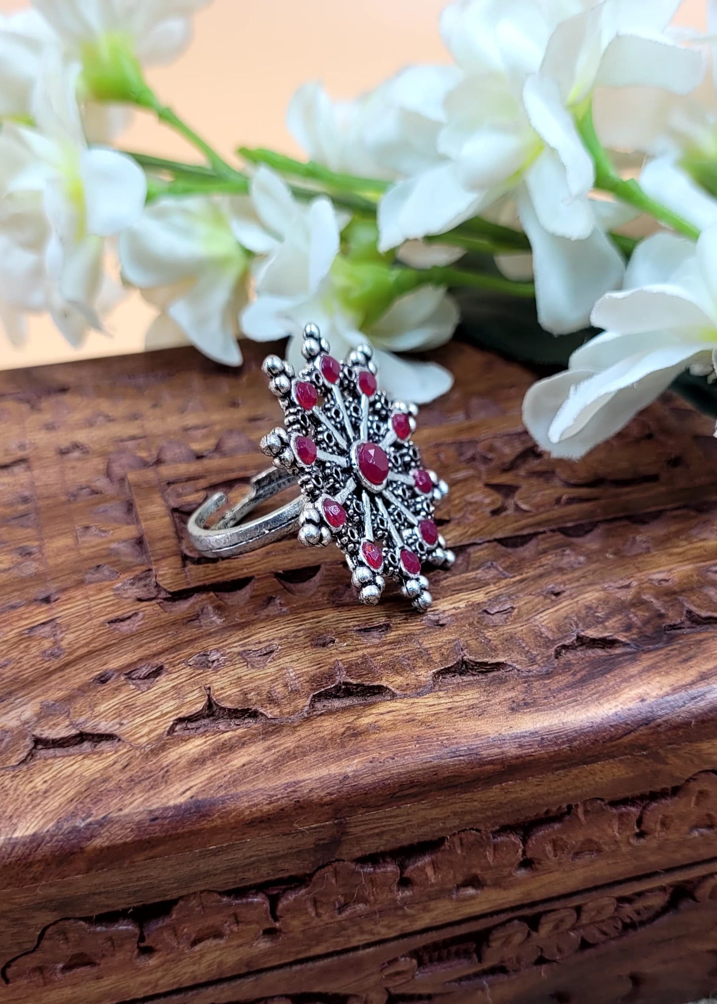 Adjustable Red Beaded Floral Oxidised Finger Ring