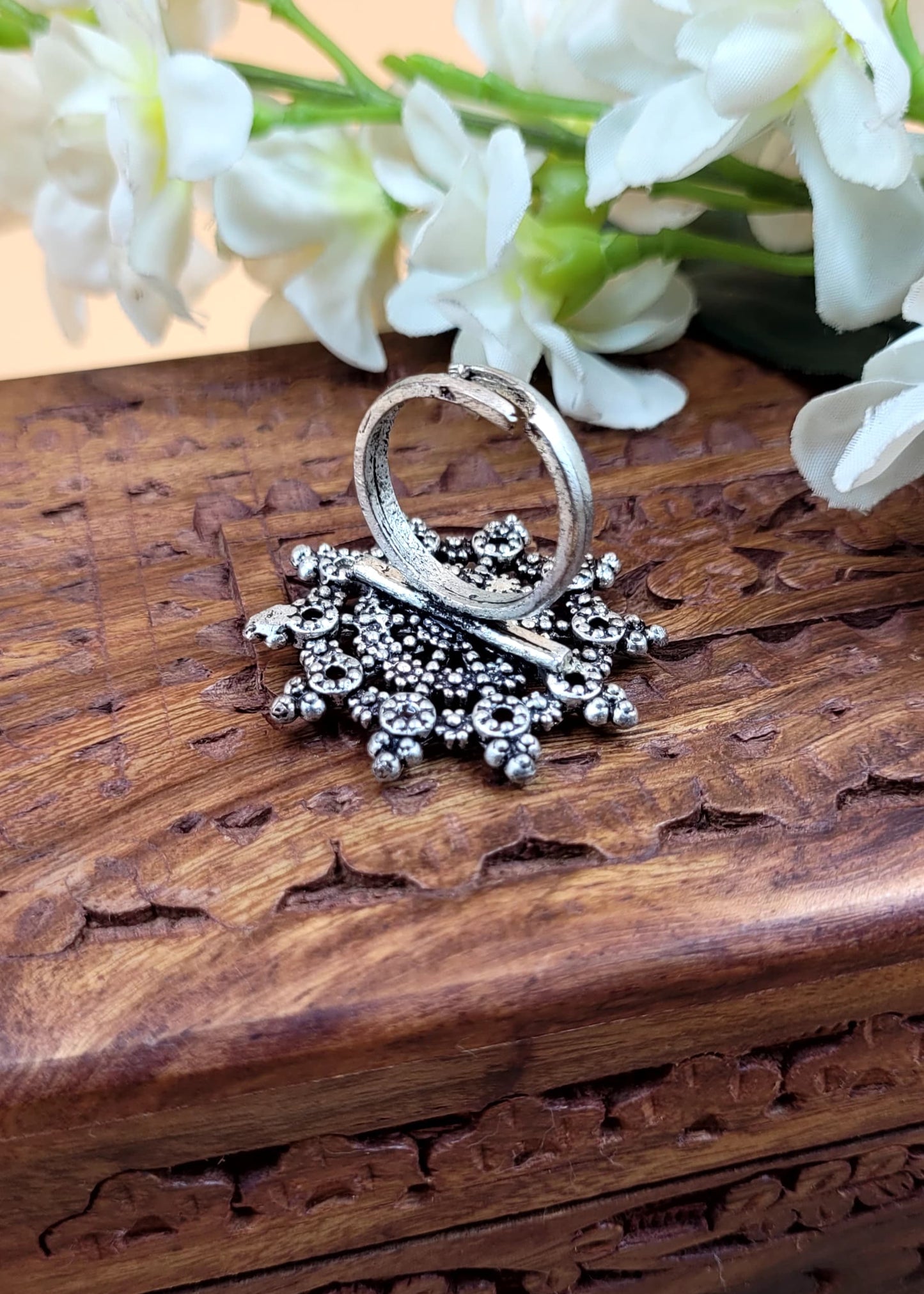 Adjustable Red Beaded Floral Oxidised Finger Ring