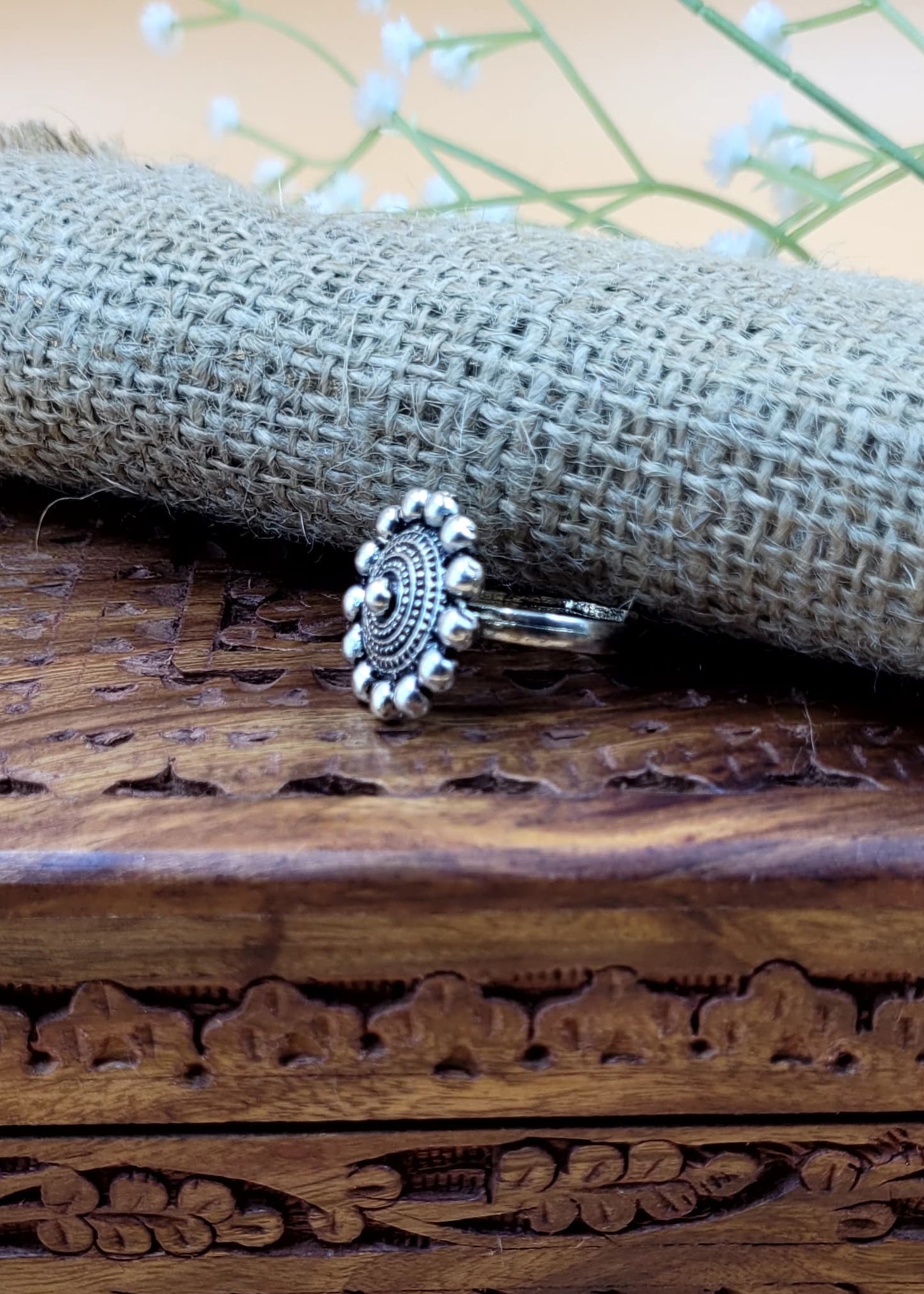 Adjustable Silver Beaded Oxidized Finger Ring
