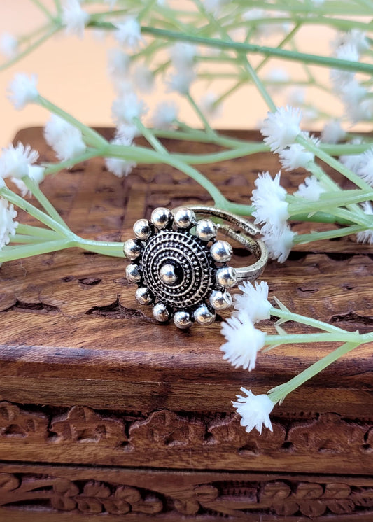 Adjustable Silver Beaded Oxidized Finger Ring