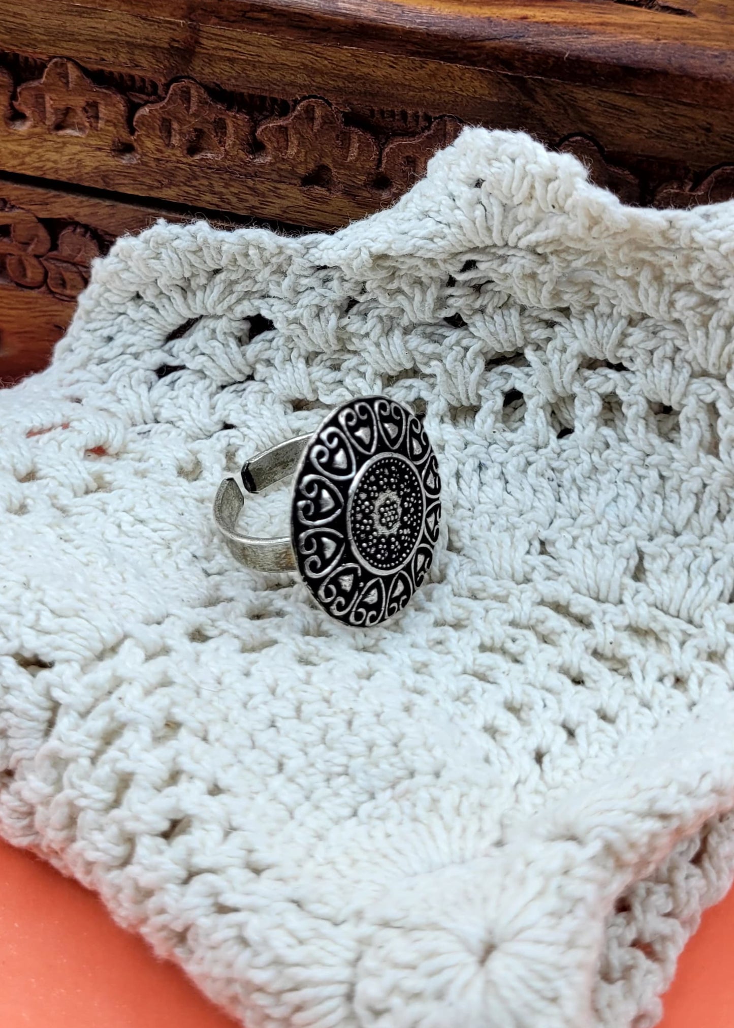 Adjustable Heart Designed Oxidized Finger Ring