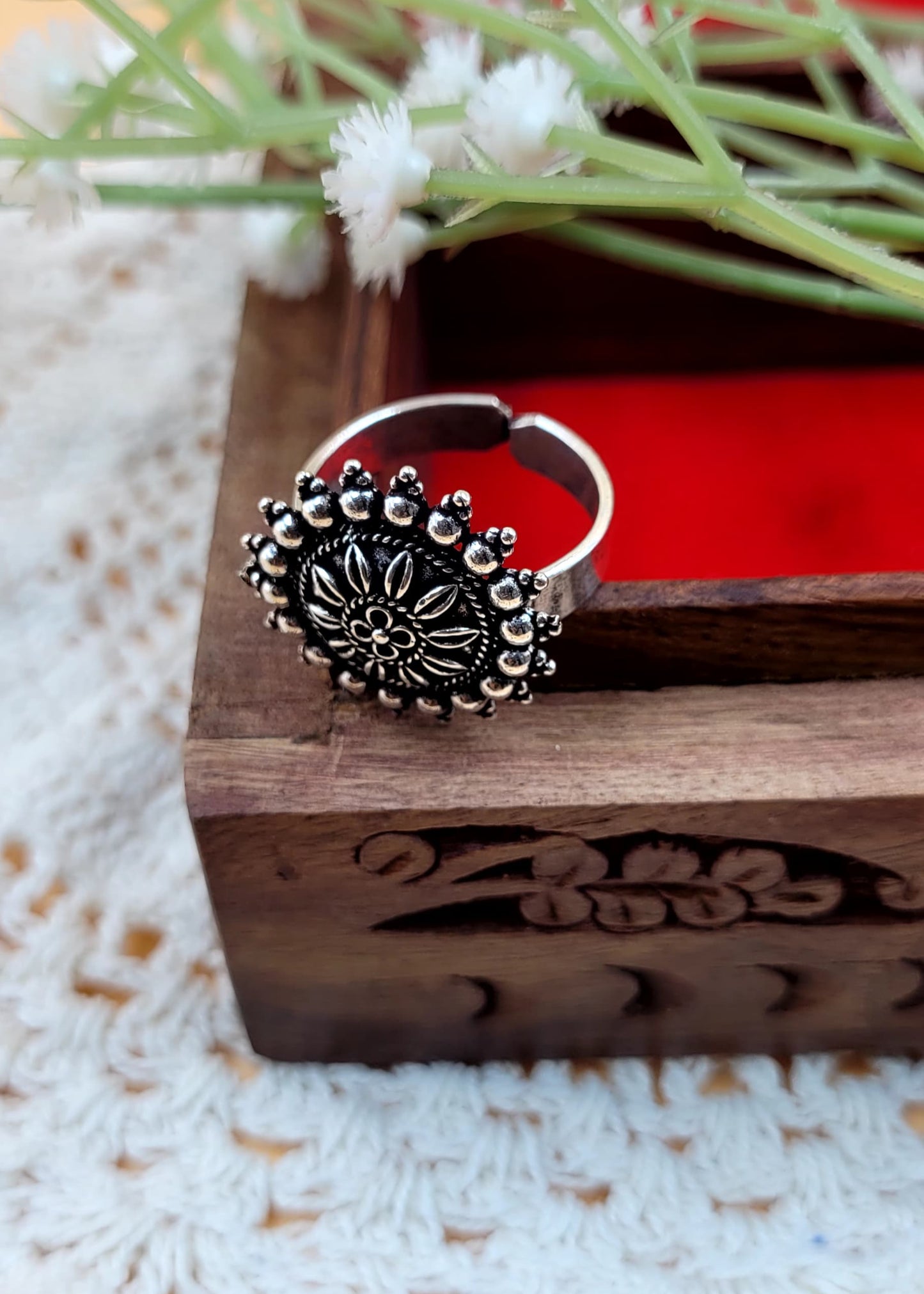 Adjustable Small Size Marigold designed Oxidized Finger ring