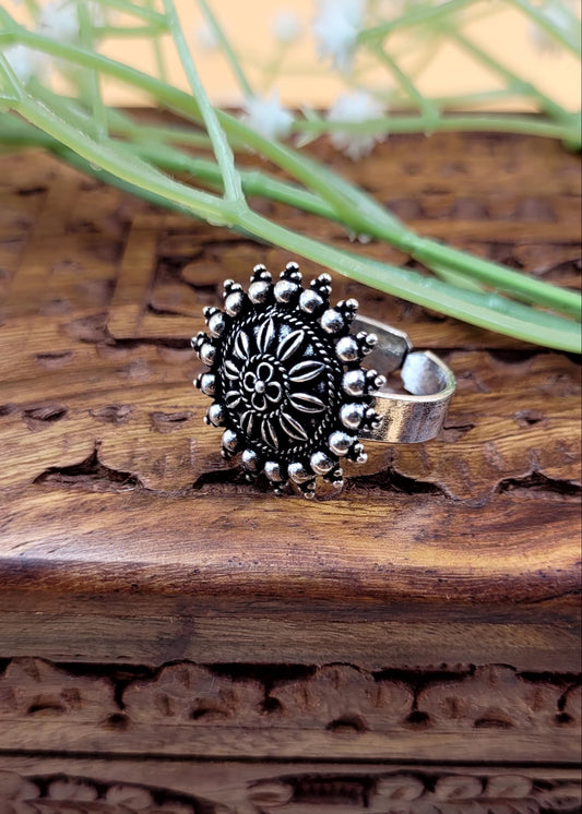 Adjustable Small Size Marigold designed Oxidized Finger ring