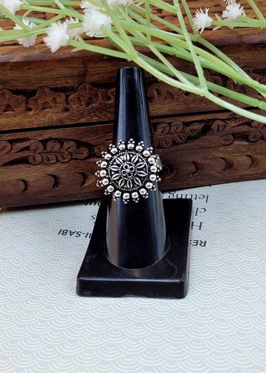 Adjustable Small Size Marigold designed Oxidized Finger ring