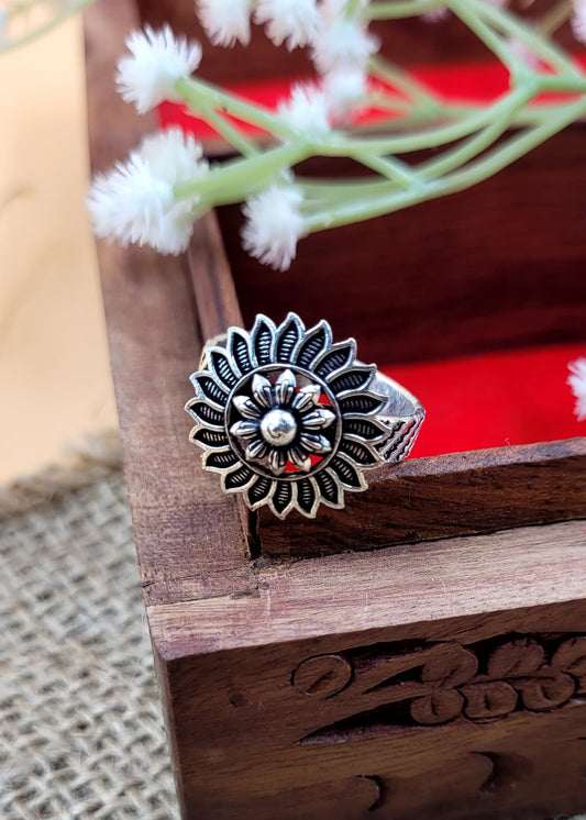 Adjustable Small Size Sunflower Designed Oxidized Finger Ring