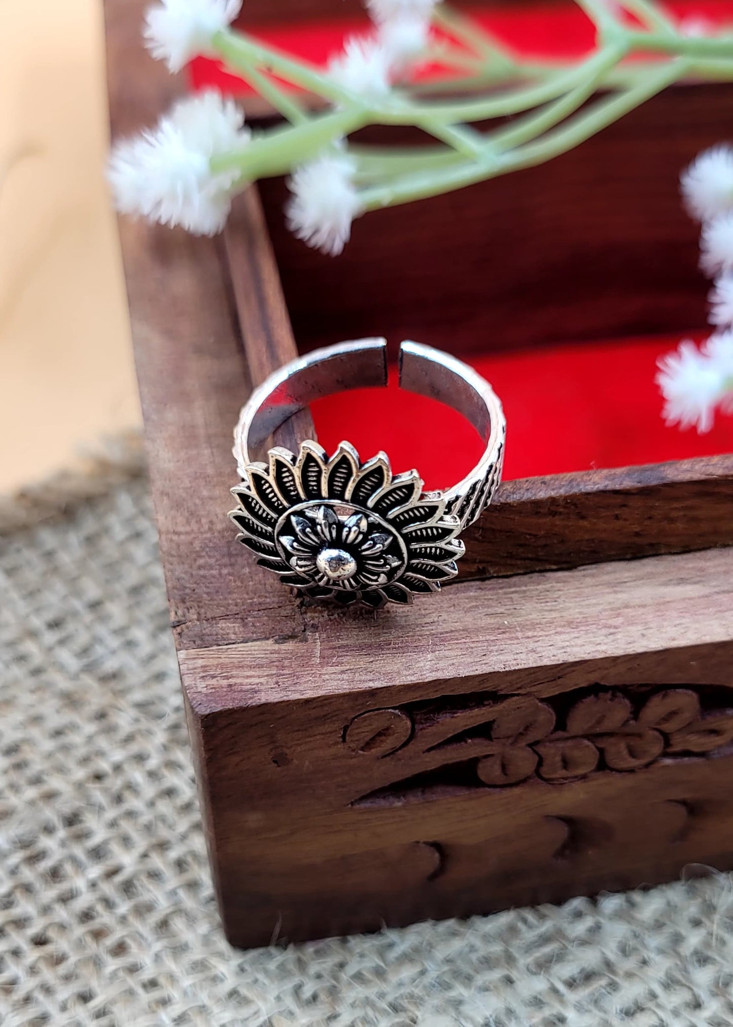 Adjustable Small Size Sunflower Designed Oxidized Finger Ring