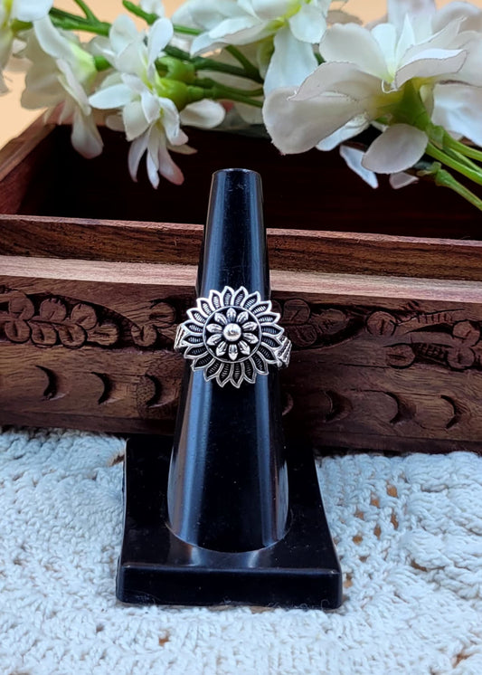 Adjustable Small Size Sunflower Designed Oxidized Finger Ring