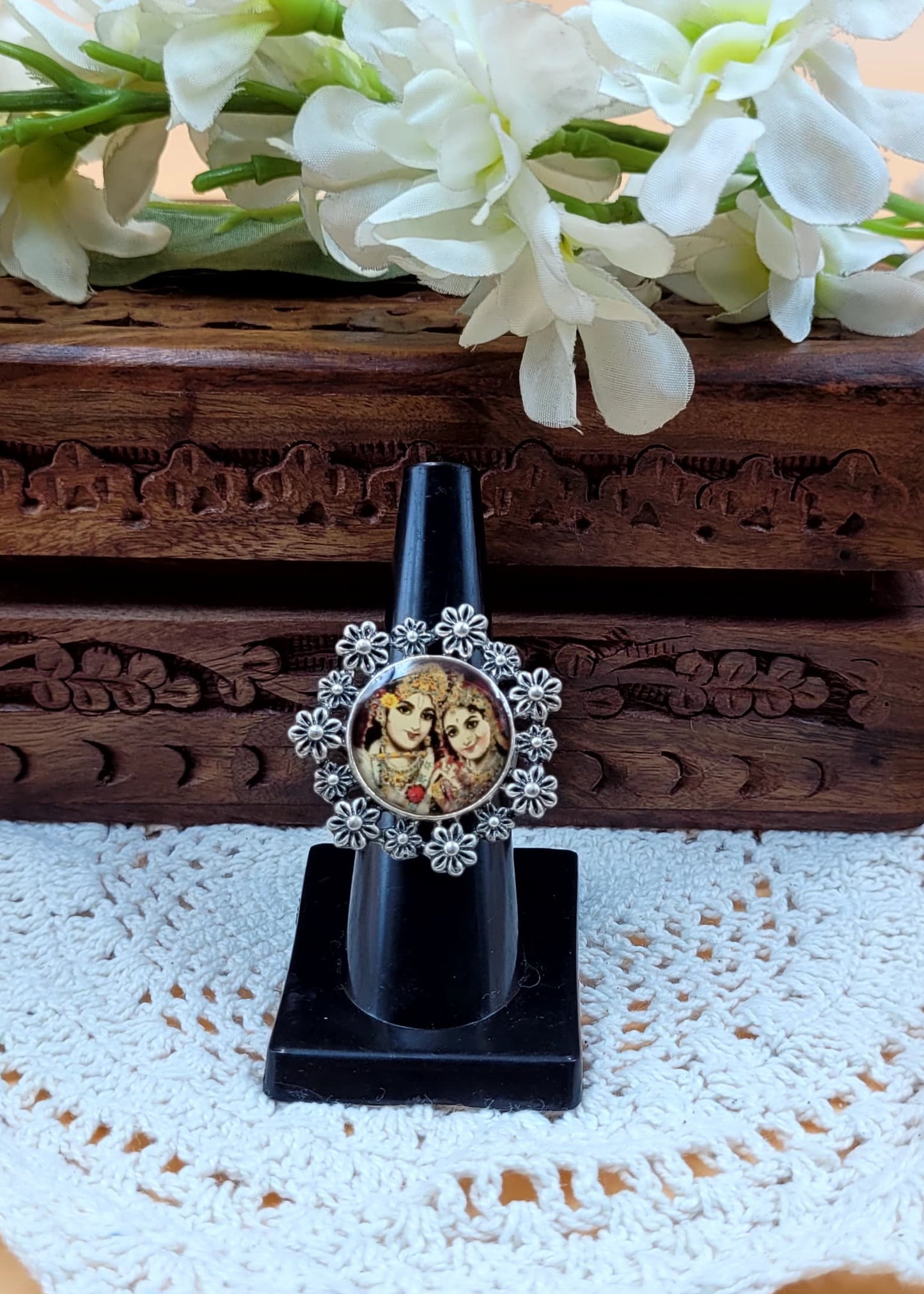 Adjustable Radha Krishna Oxidised Ring