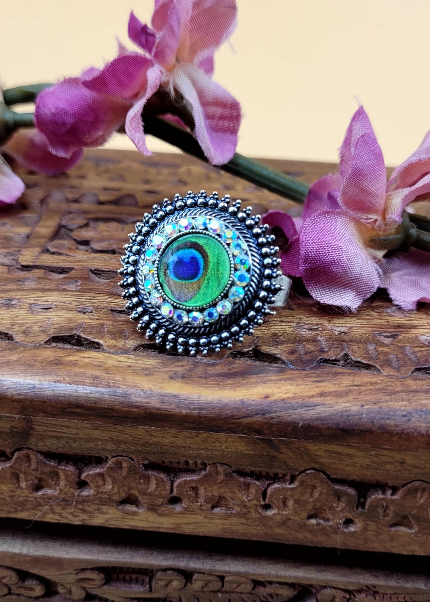 Adjustable Mayur Pankh Stone Embedded Oxidized Ring