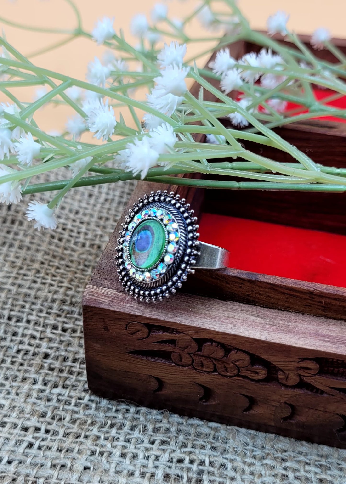 Adjustable Mayur Pankh Stone Embedded Oxidized Ring