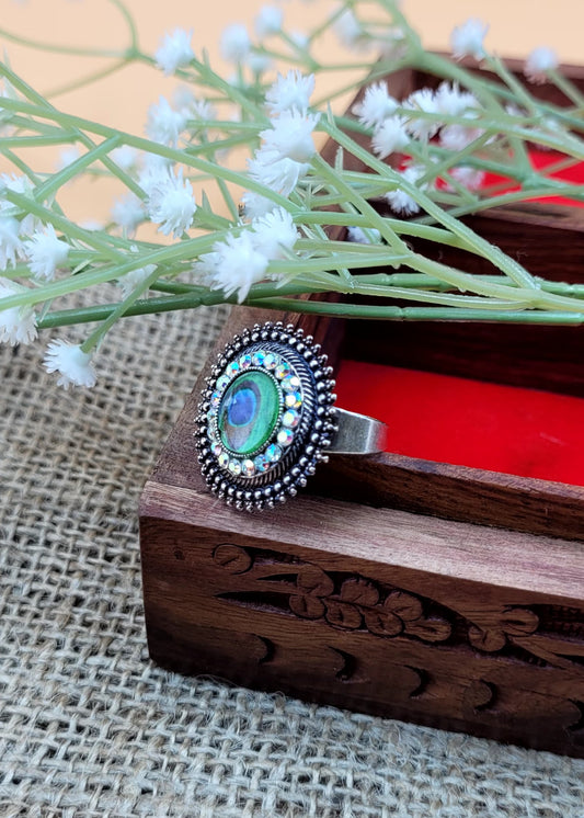 Adjustable Mayur Pankh Stone Embedded Oxidized Ring