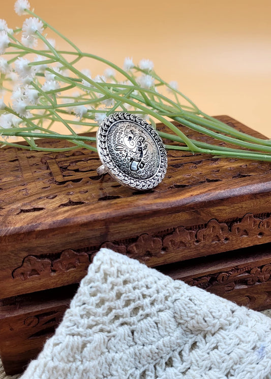 Adjustable Ganesha Embossed Oxidized Finger Ring