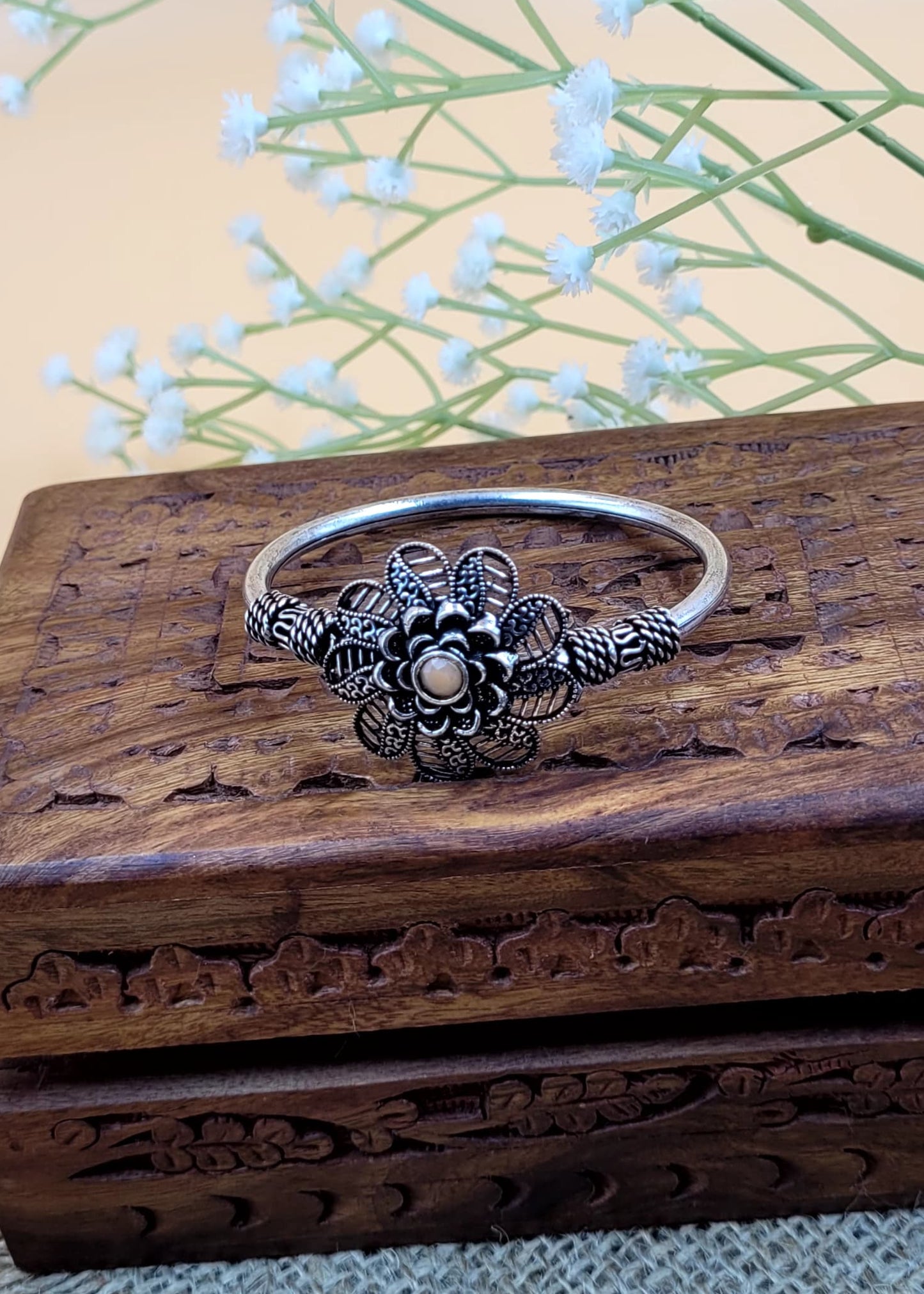 Antique Floral Peach Stone Brass Oxidized Bracelet.