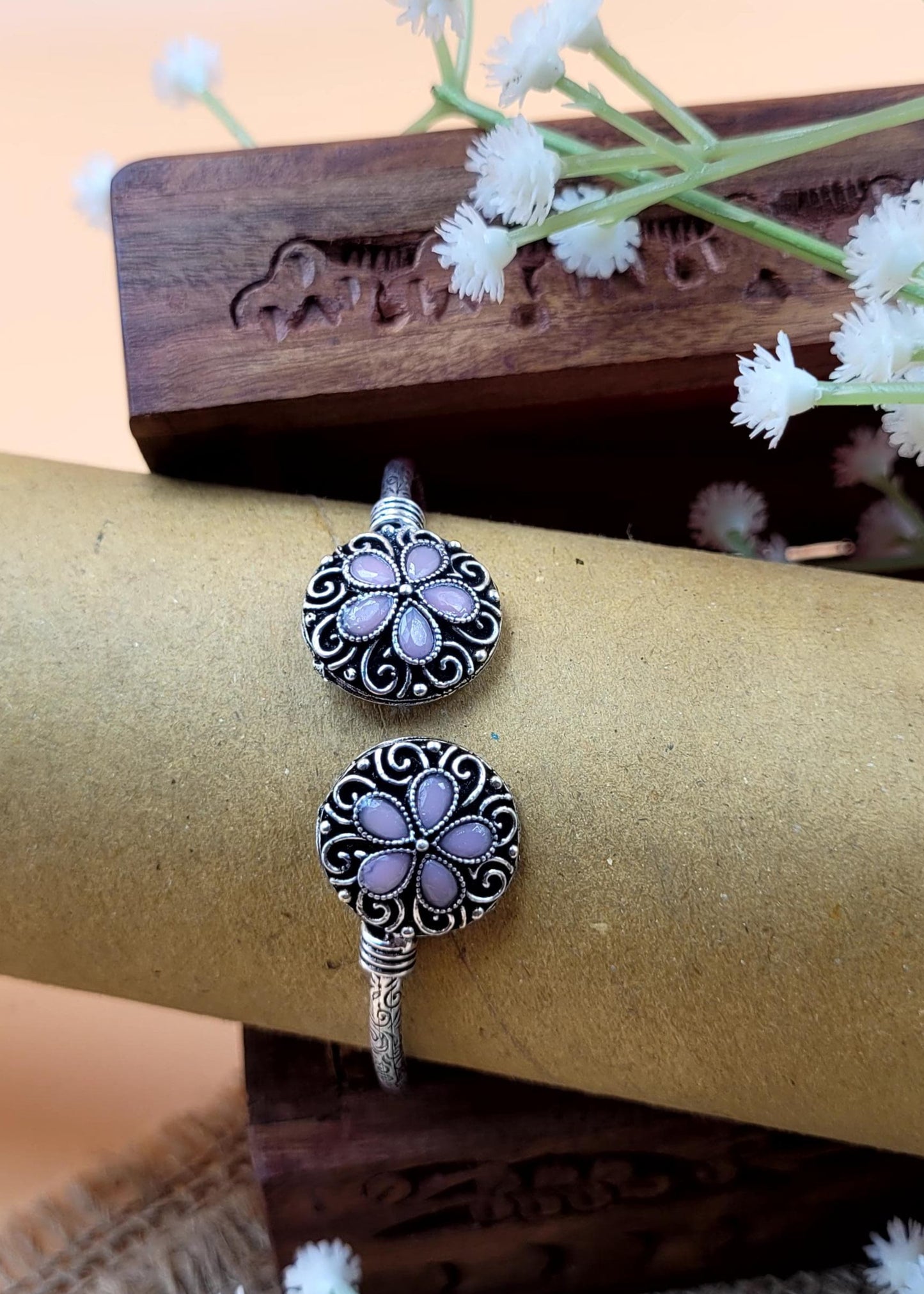 Pink Stone Studded Floral Oxidized Bracelet