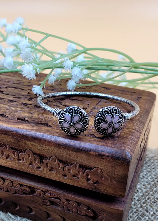 Pink Stone Studded Floral Oxidized Bracelet