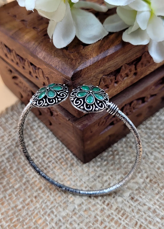 Green Stone Studded Floral Oxidized Bracelet