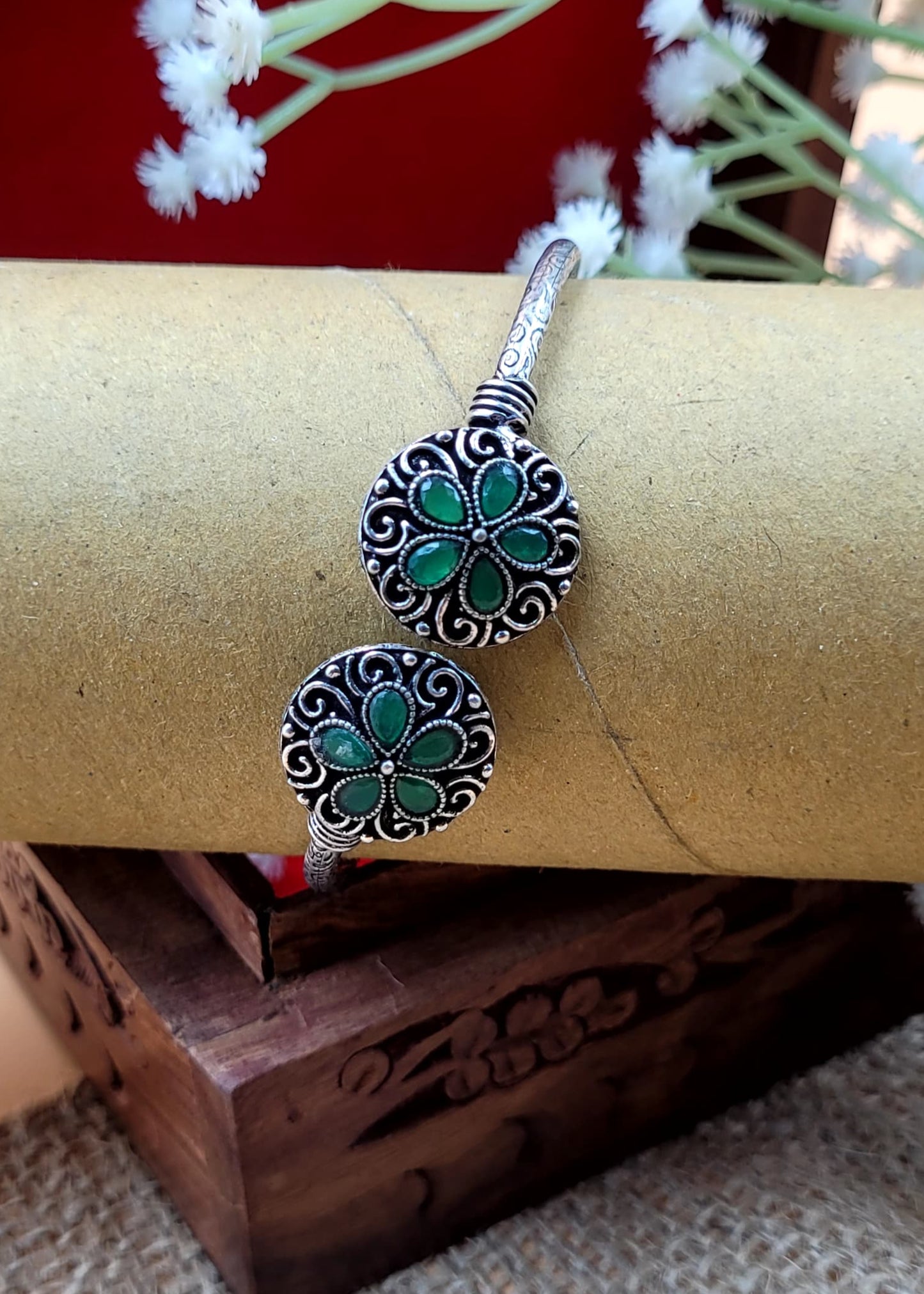Green Stone Studded Floral Oxidized Bracelet