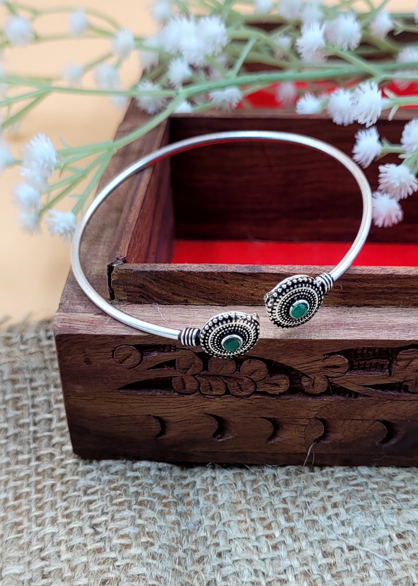 Green Studded Silver Oxidized Slip On Cuff Bracelet