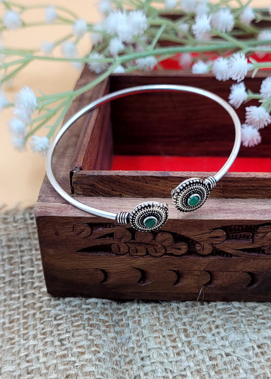 Green Studded Silver Oxidized Slip On Cuff Bracelet