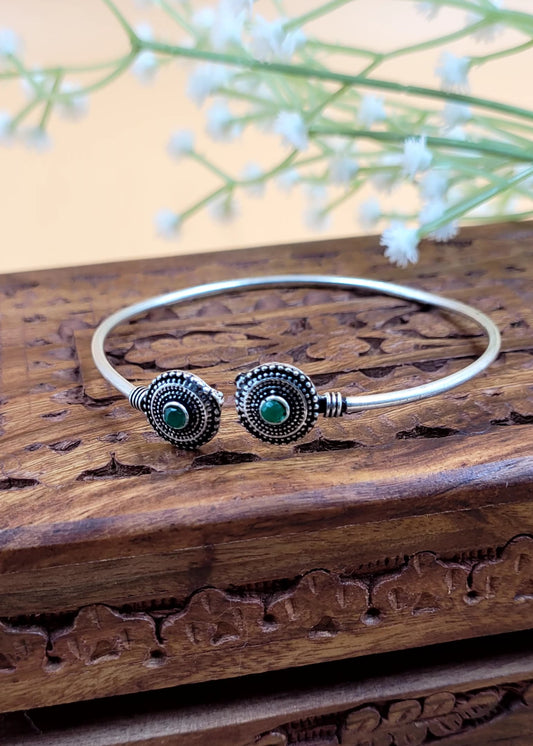 Green Studded Silver Oxidized Slip On Cuff Bracelet