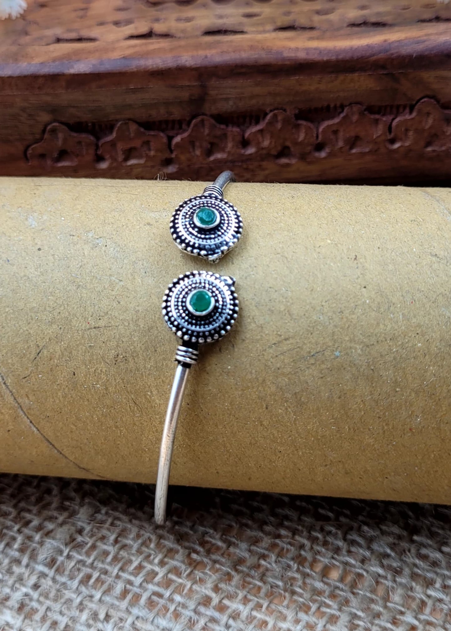 Green Studded Silver Oxidized Slip On Cuff Bracelet