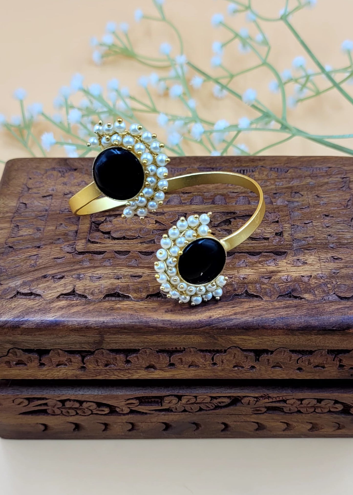 White Mini Pearls Laced Black Stone Brass Bracelet