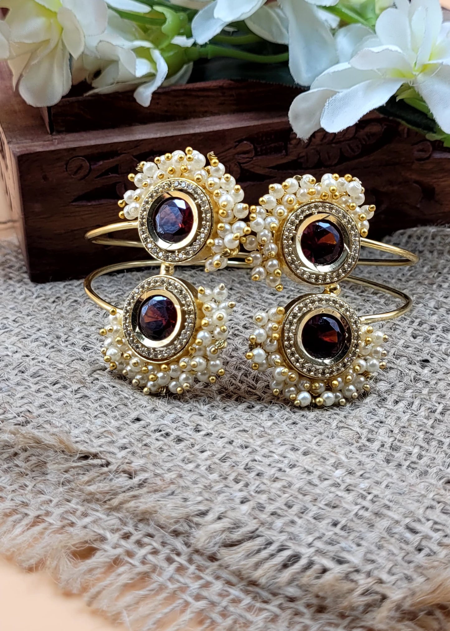 Double Beaded Laced Stone Studded Maroon Brass Bracelet.