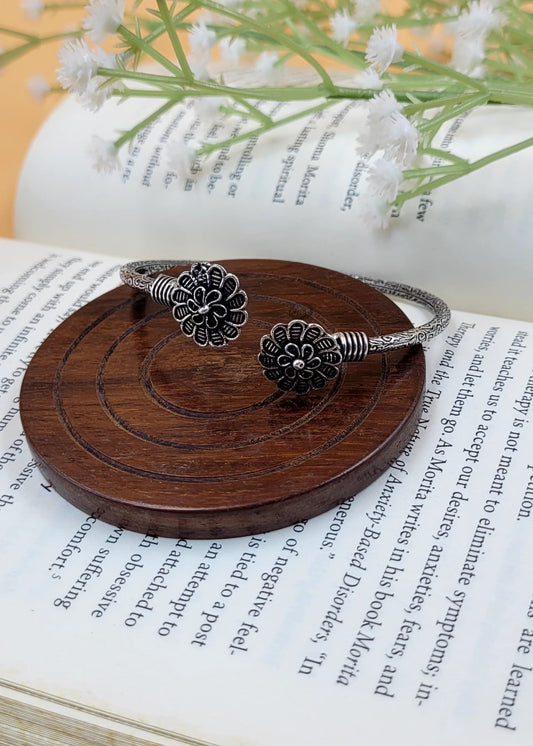 Simple Floral Silver Oxidized Slip On Bracelet