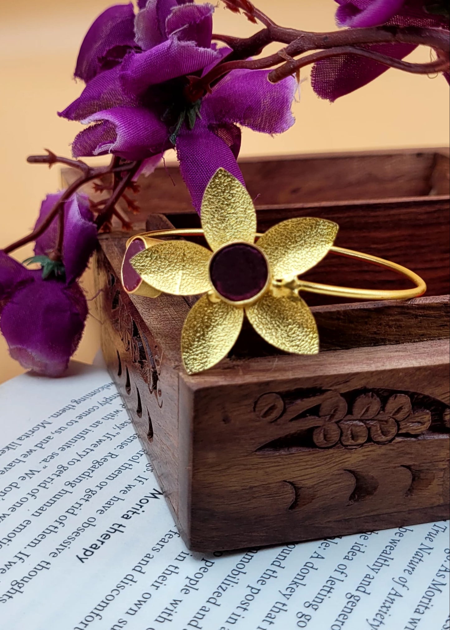 Stylish Brass Floral Magenta Stone Studded Bracelet