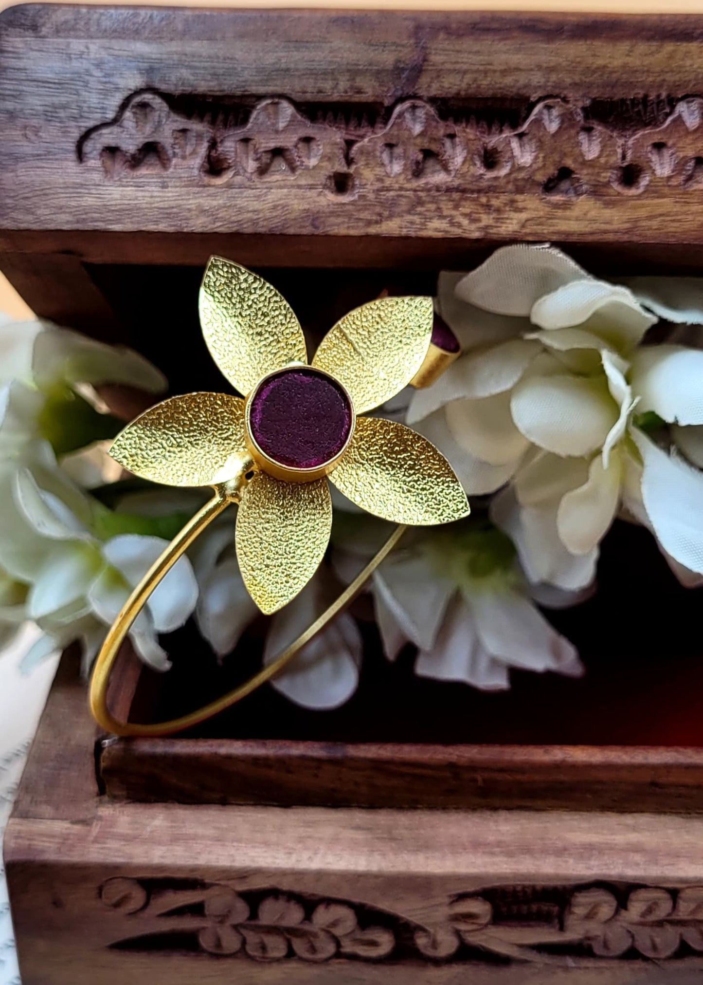Stylish Brass Floral Magenta Stone Studded Bracelet