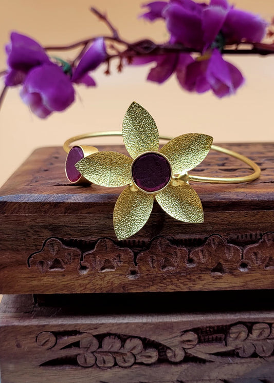 Stylish Brass Floral Magenta Stone Studded Bracelet