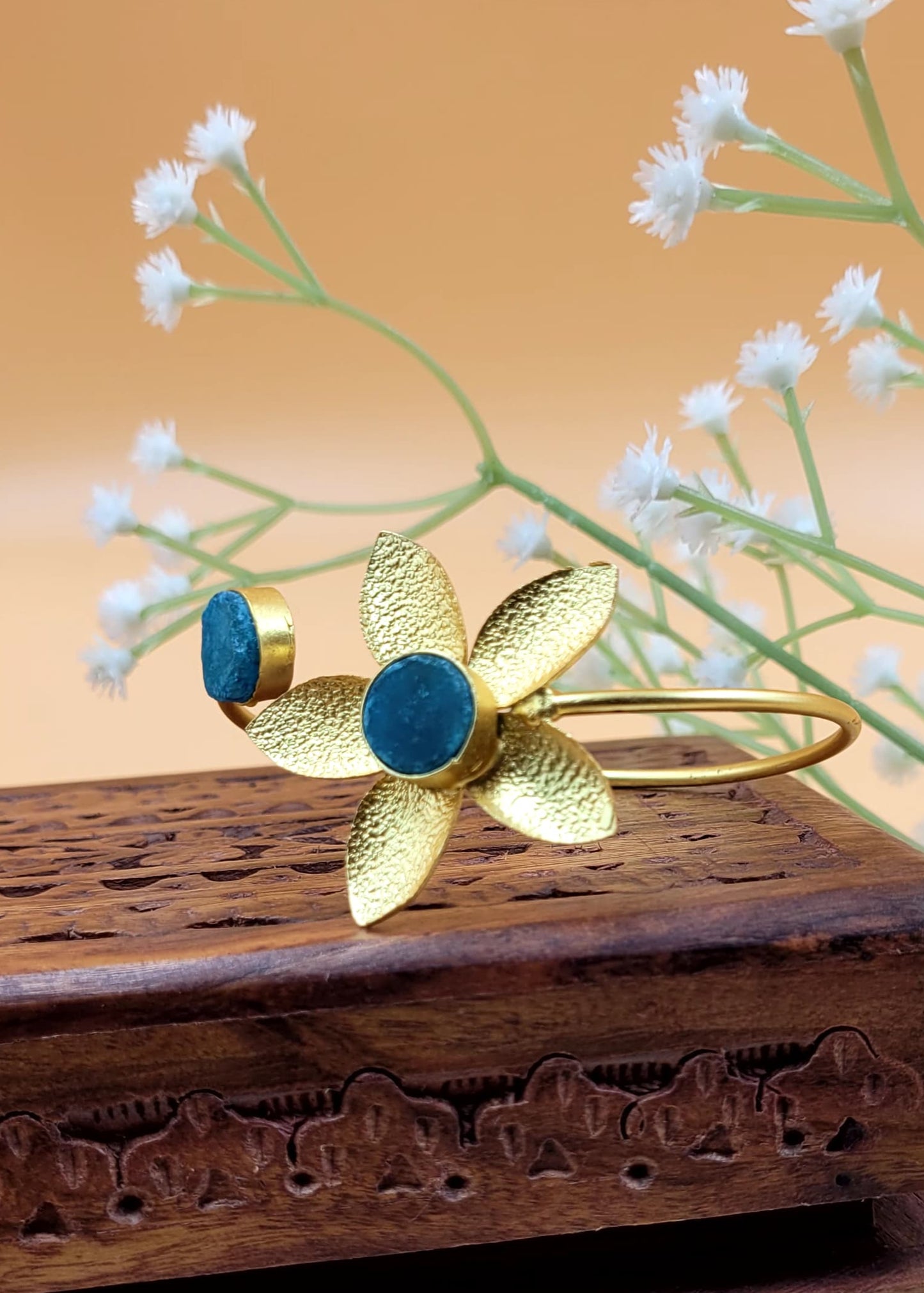 Stylish Brass Floral Steel blue Stone Studded Bracelet