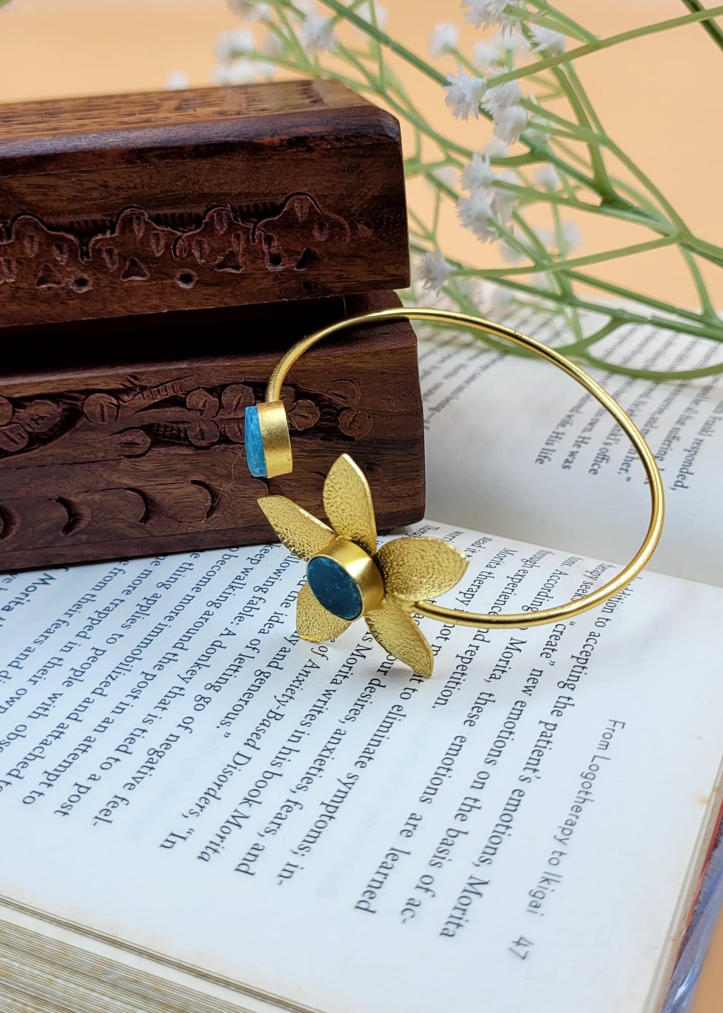 Stylish Brass Floral Steel blue Stone Studded Bracelet