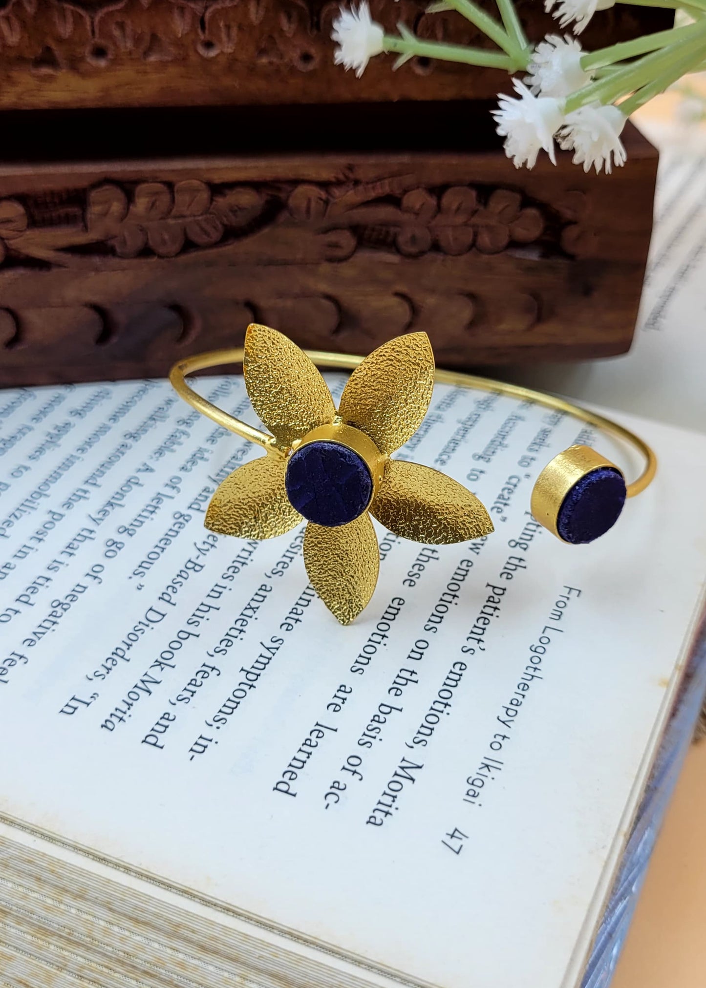 Stylish Brass Floral Matte Purple Stone Studded Bracelet