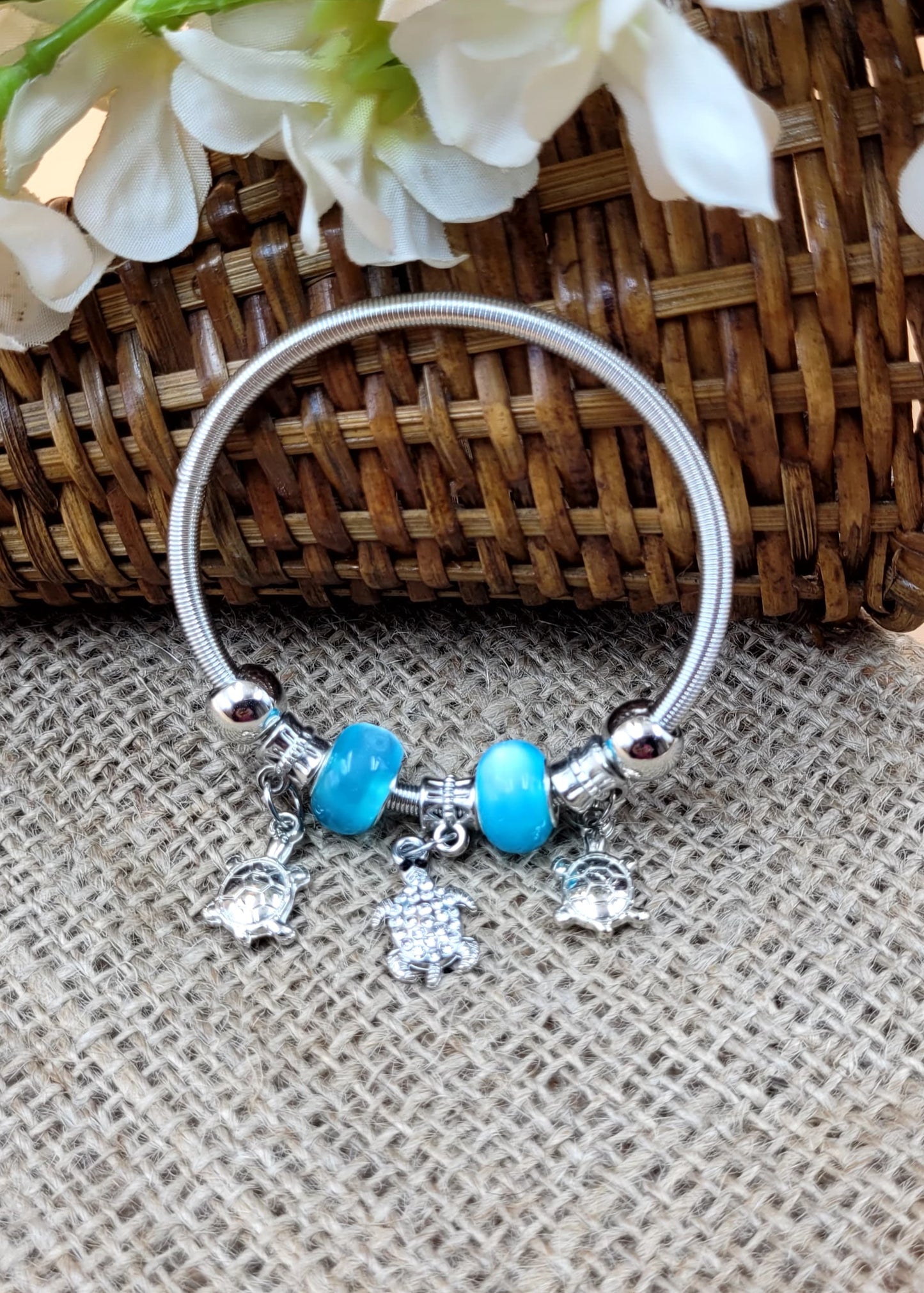 Turtle Silver Oxidized Charm Bracelet