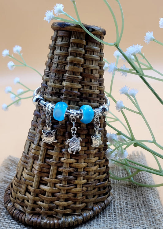 Turtle Silver Oxidized Charm Bracelet