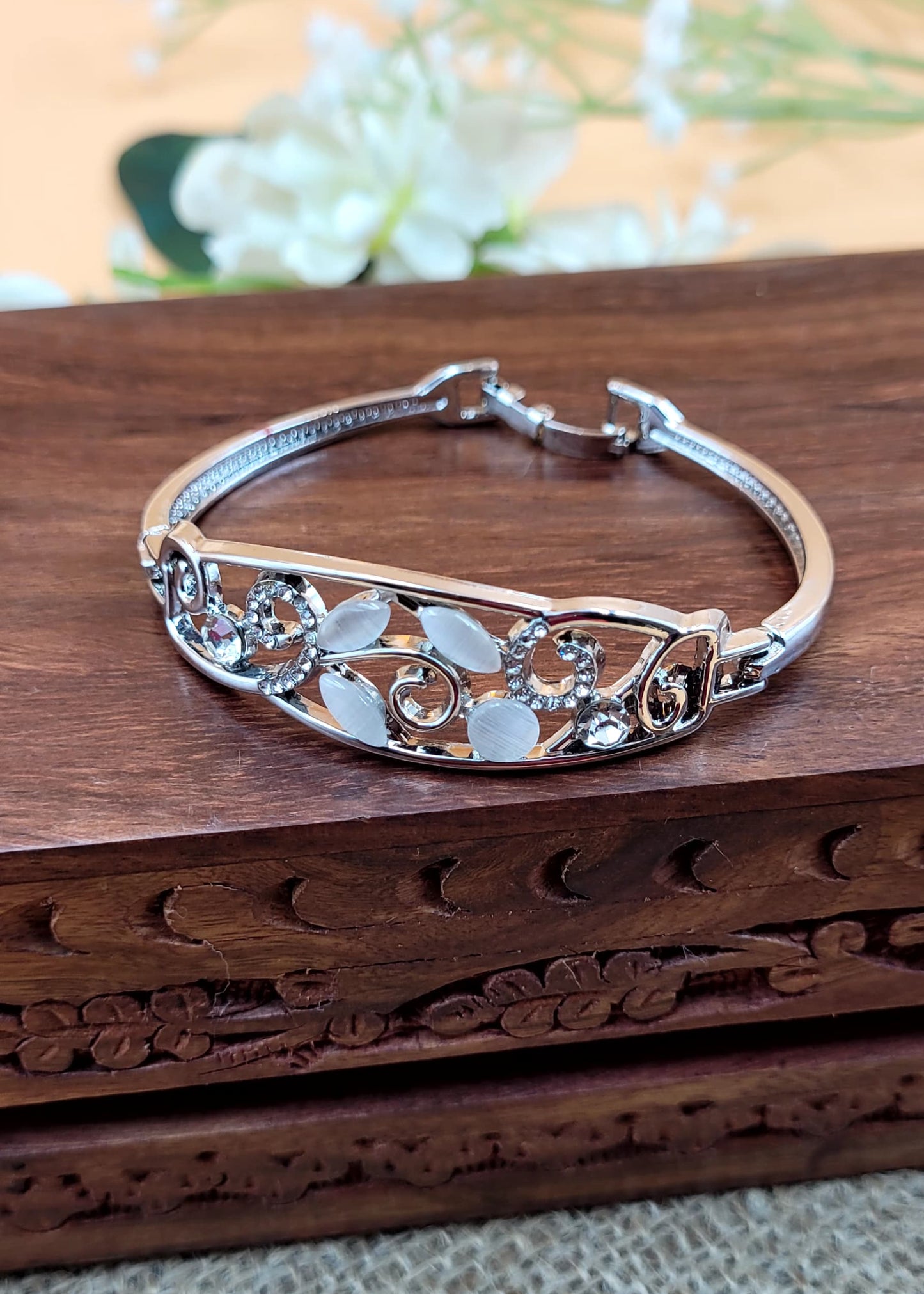 Silver Plated White Stone Embedded Stylish Bracelet