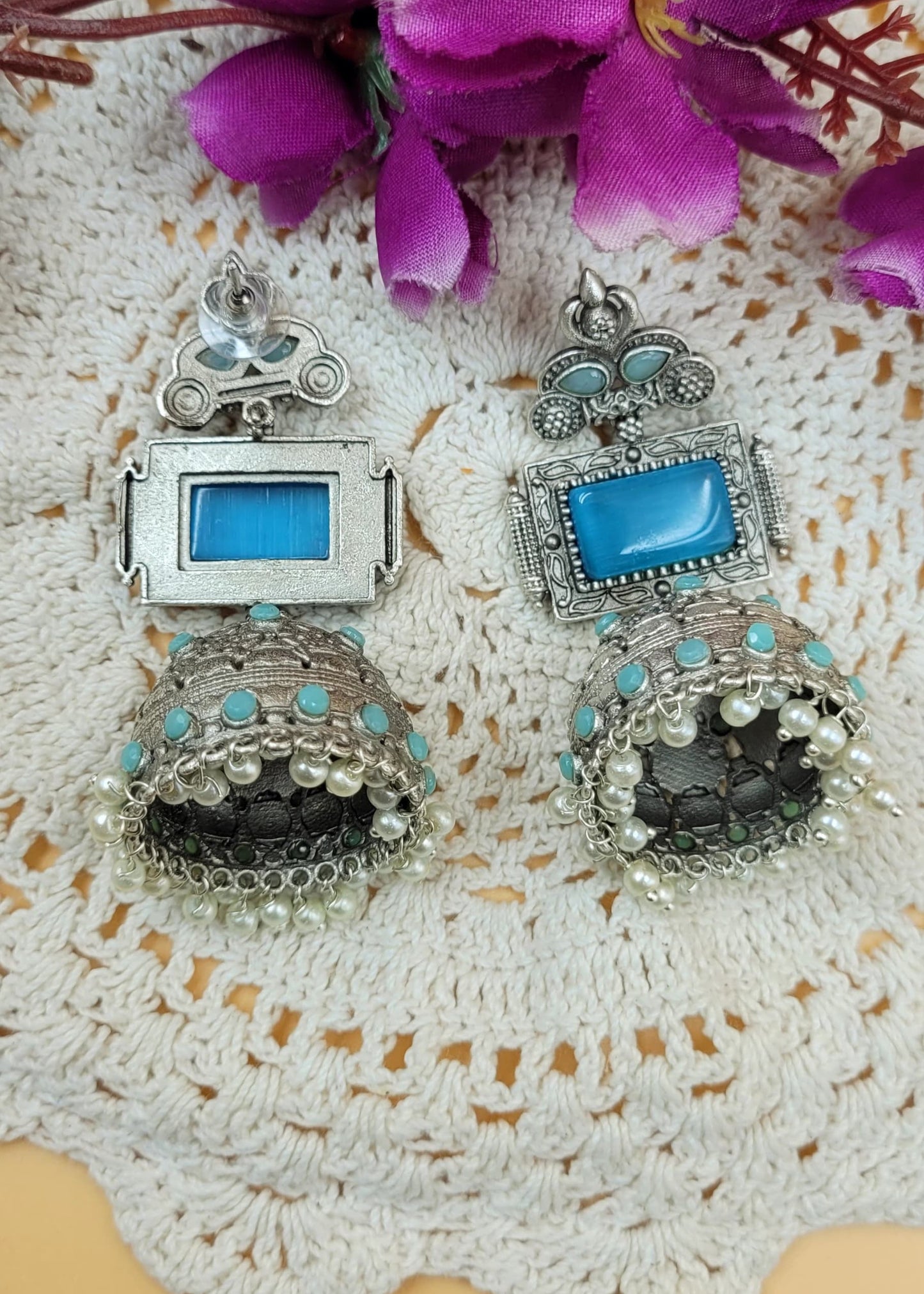 Brass Premium Jumbo Jhumka With Blue Monalisa Stones