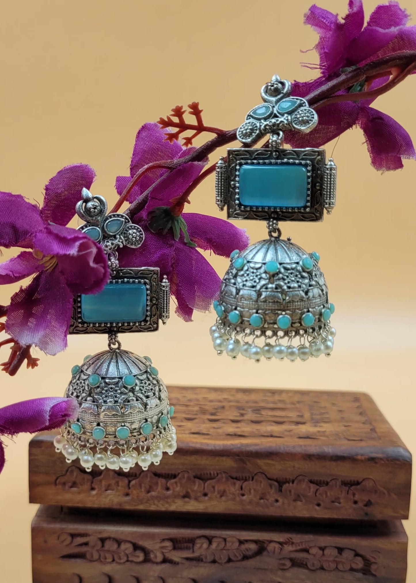 Brass Premium Jumbo Jhumka With Blue Monalisa Stones