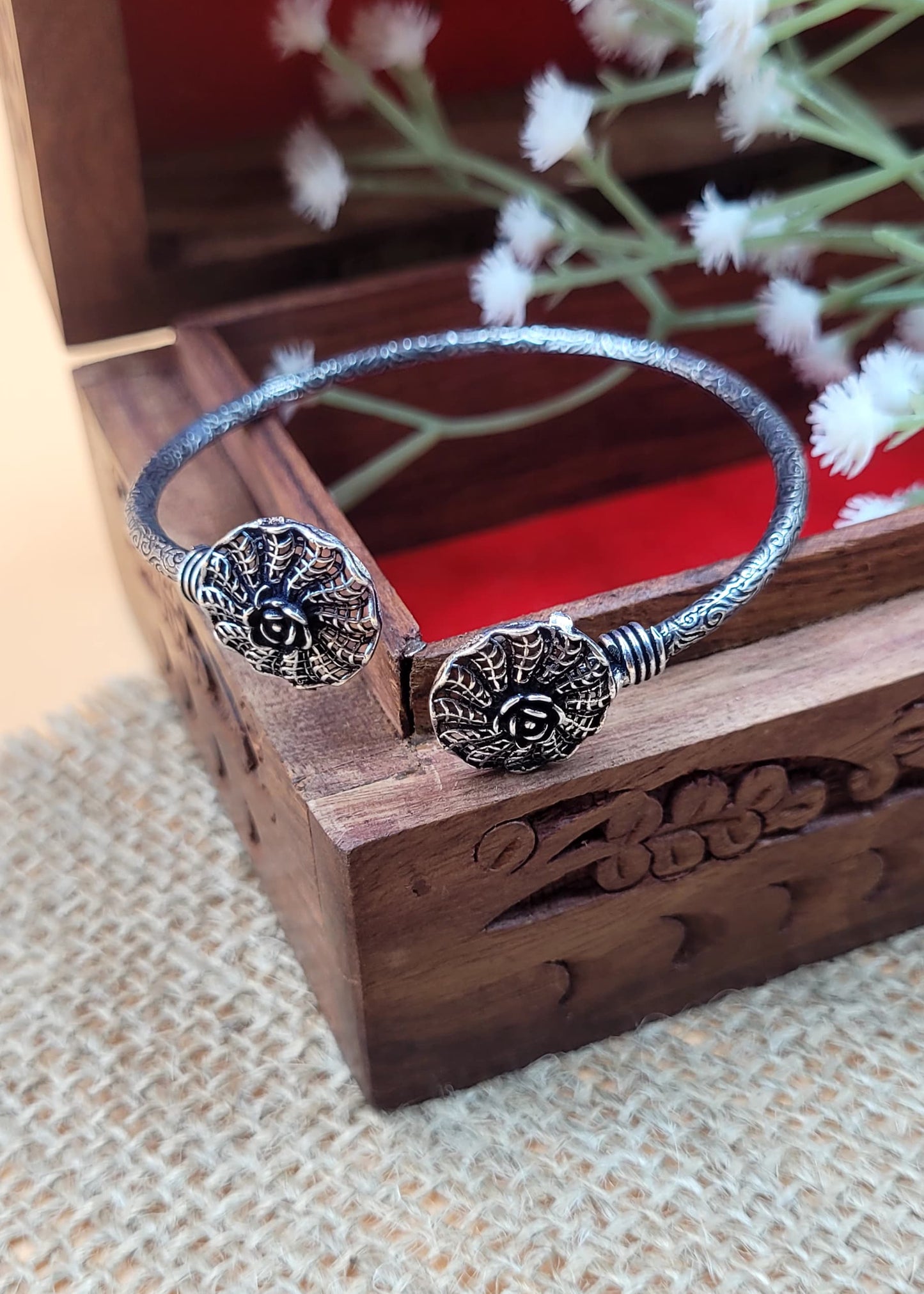Swirl Floral Silver Oxidized Slip On Cuff Bracelet