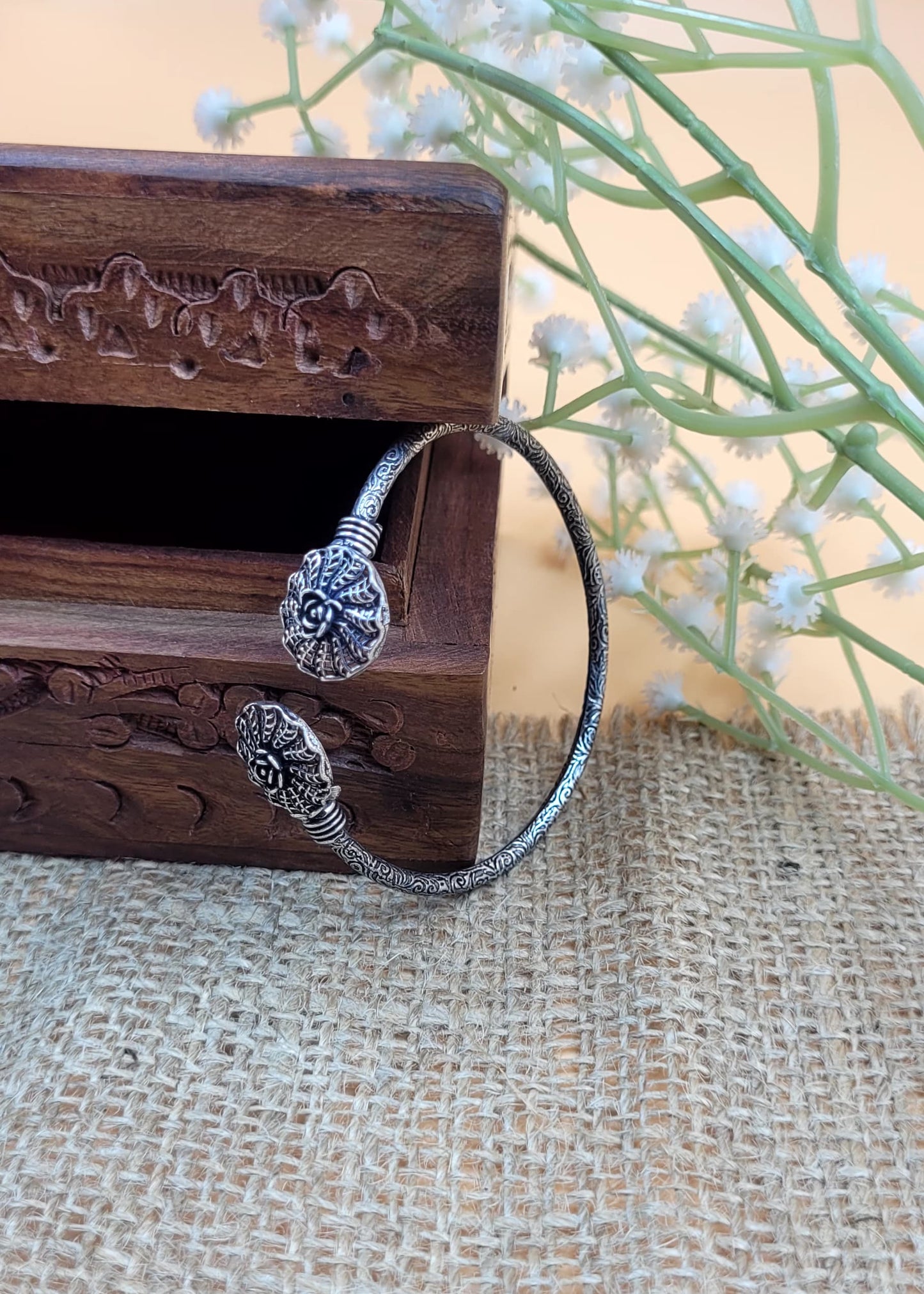 Swirl Floral Silver Oxidized Slip On Cuff Bracelet
