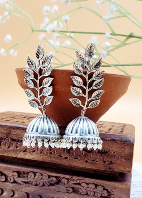 Brass Premium Silver Plated Leafy Jhumki Earrings