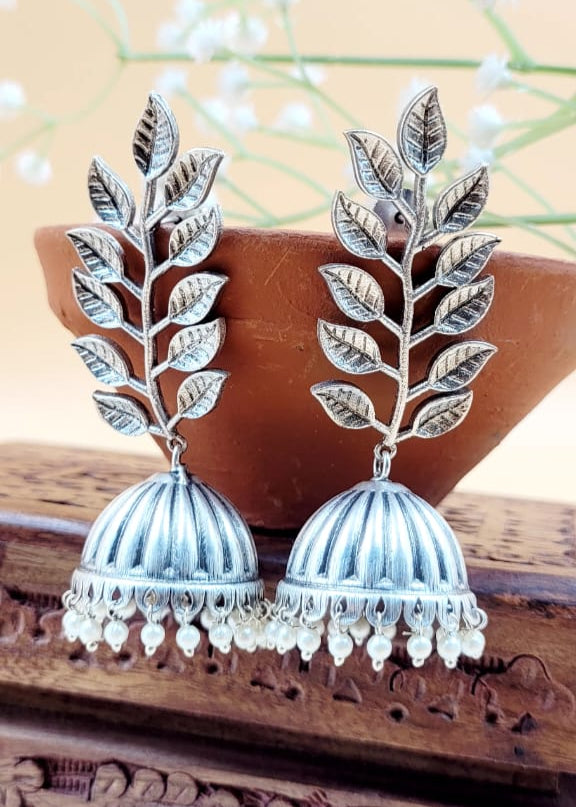 Brass Premium Silver Plated Leafy Jhumki Earrings