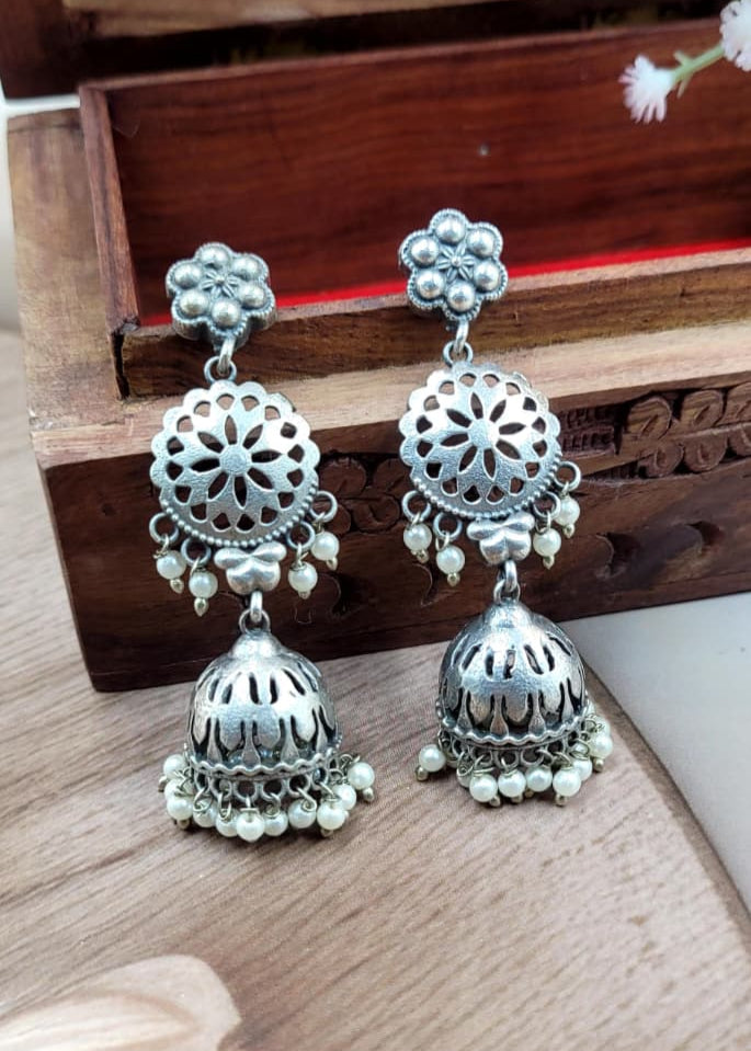 Brass Oxidised Floral and dome beaded Jhumka
