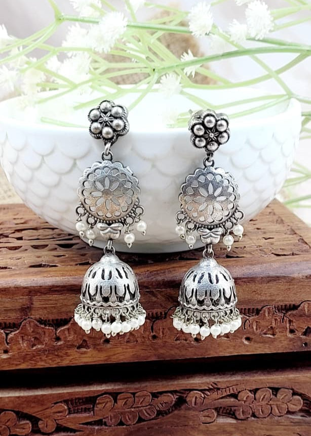 Brass Oxidised Floral and dome beaded Jhumka