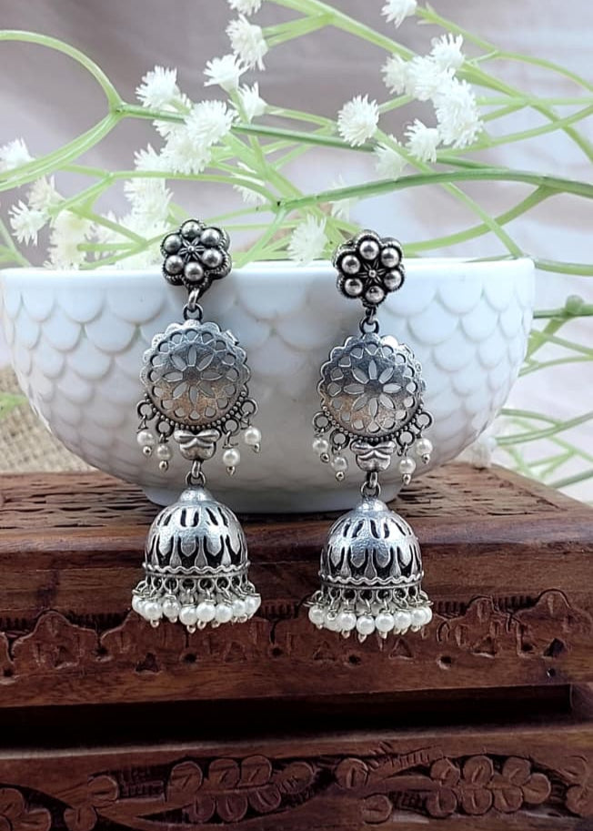 Brass Oxidised Floral and dome beaded Jhumka