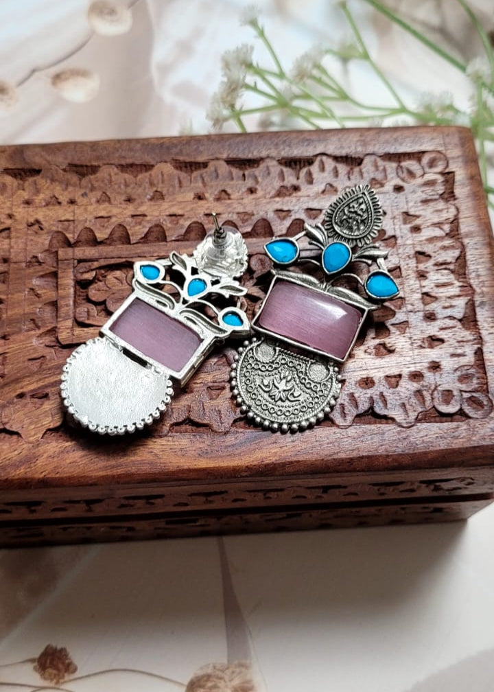 Handcrafted  Brass Base Silver Oxidised Earrings with Light Pink and Blue Monalisa Stone.