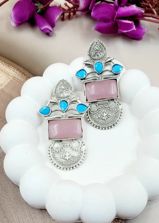 Handcrafted  Brass Base Silver Oxidised Earrings with Light Pink and Blue Monalisa Stone.