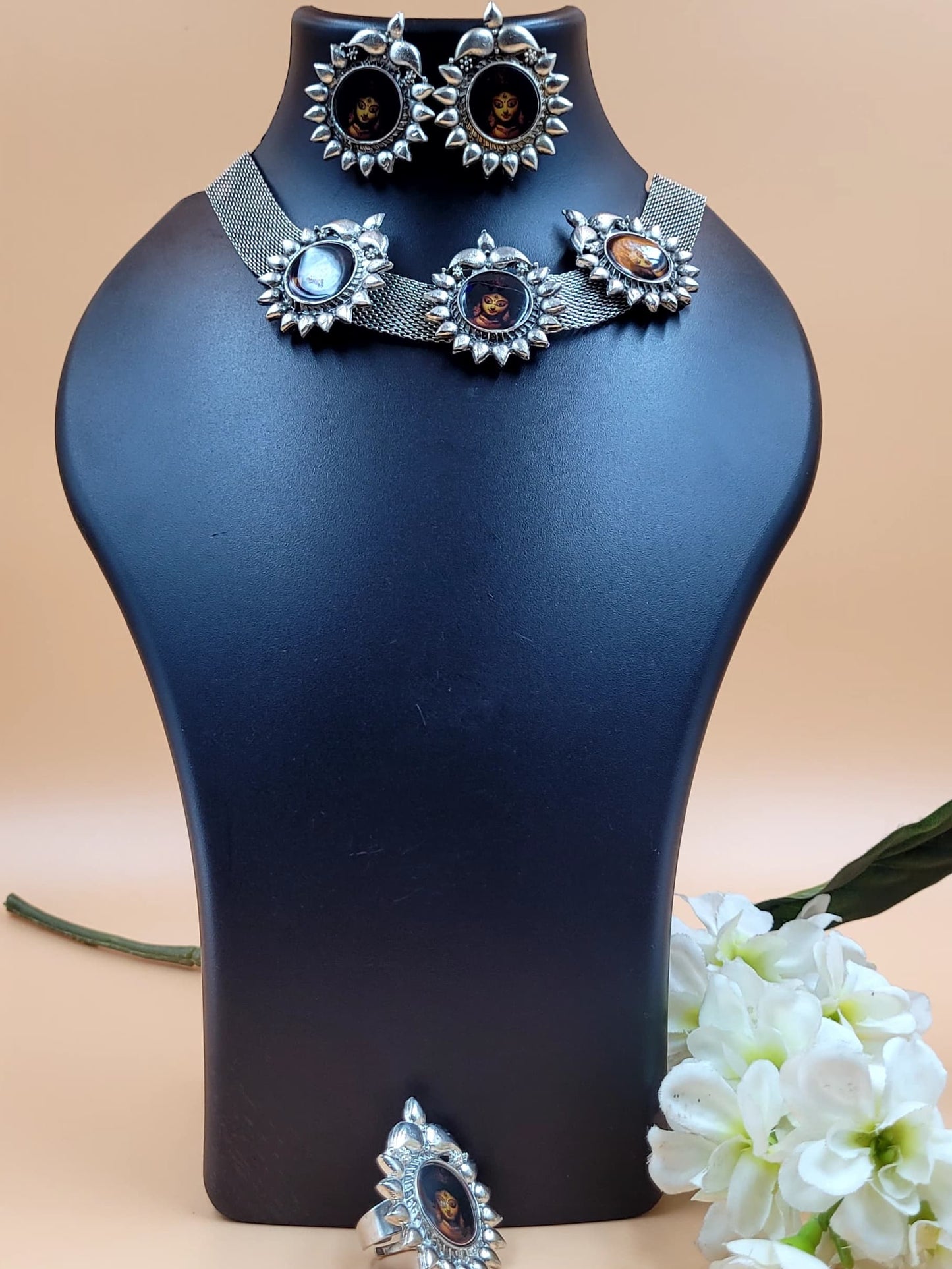 Durga Image Silver Oxidized Choker Set with Earrings and Finger Ring.