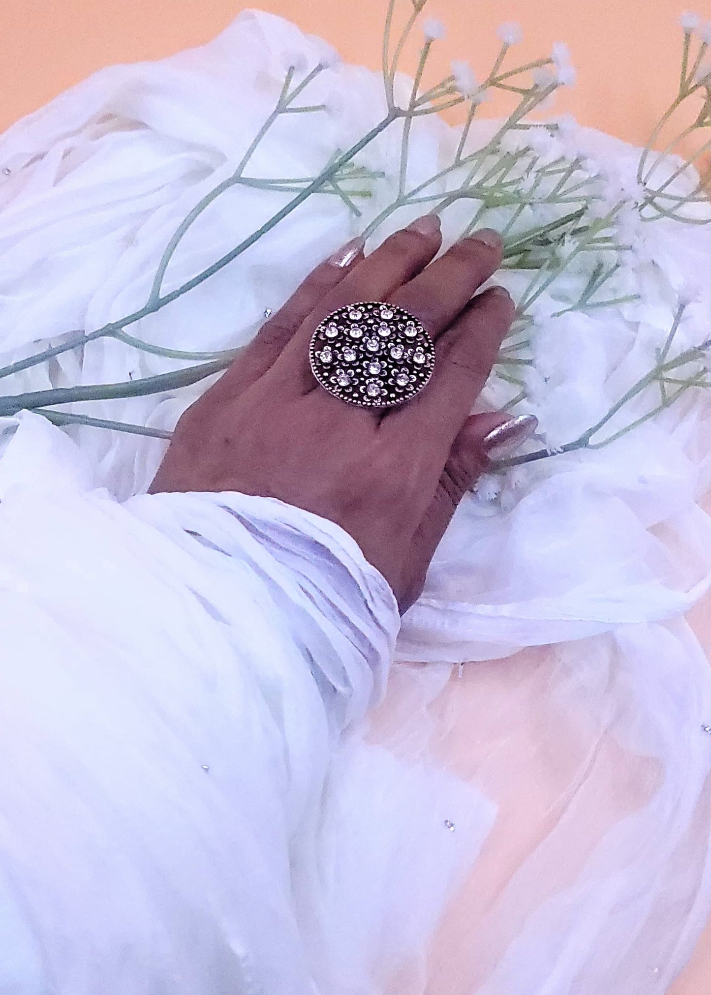 Adjustable Oxidized Stone Studded Floral Finger Ring